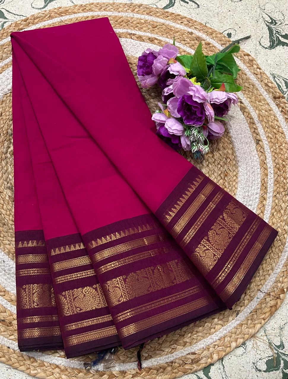 Rani Pink Kanchi Cotton Saree With Traditional Zari Border